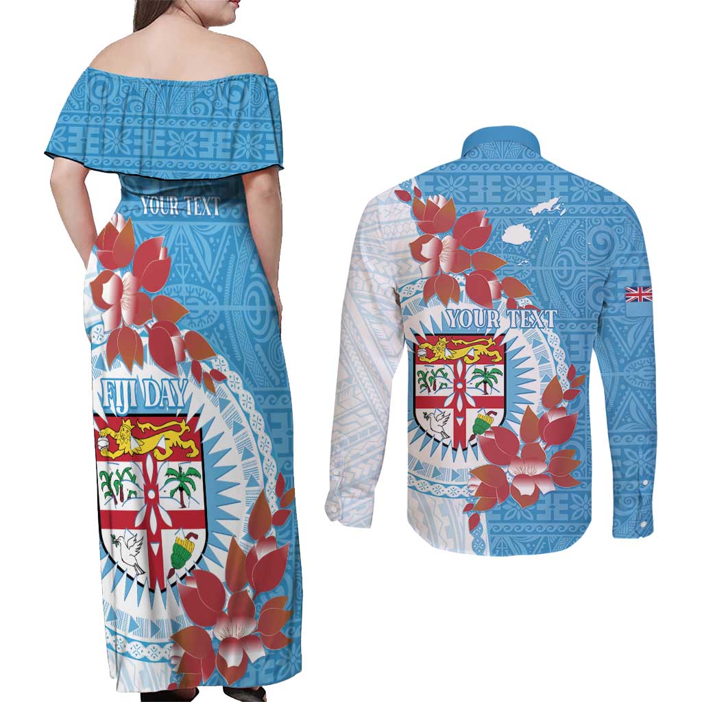 Personalised Fiji Day Couples Matching Off Shoulder Maxi Dress and Long Sleeve Button Shirt Fijian Tapa Pattern Mix Tagimoucia - Blue Version LT14 - Polynesian Pride