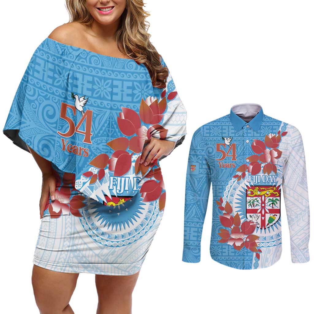 Personalised Fiji Day Couples Matching Off Shoulder Short Dress and Long Sleeve Button Shirt Fijian Tapa Pattern Mix Tagimoucia - Blue Version LT14 Blue - Polynesian Pride