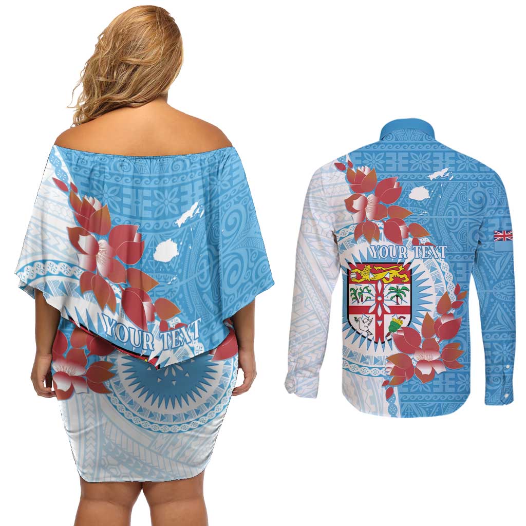 Personalised Fiji Day Couples Matching Off Shoulder Short Dress and Long Sleeve Button Shirt Fijian Tapa Pattern Mix Tagimoucia - Blue Version LT14 - Polynesian Pride