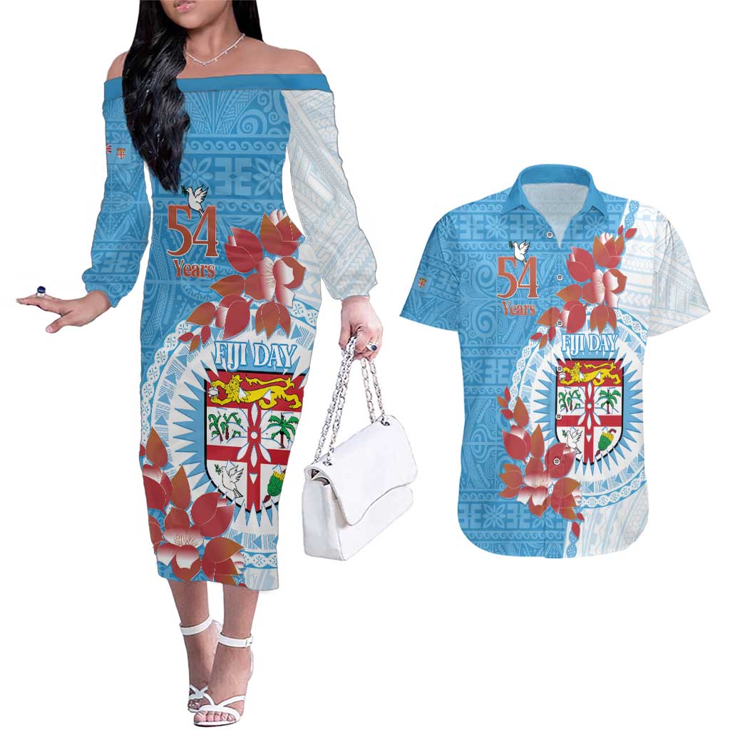 Personalised Fiji Day Couples Matching Off The Shoulder Long Sleeve Dress and Hawaiian Shirt Fijian Tapa Pattern Mix Tagimoucia - Blue Version LT14 Blue - Polynesian Pride