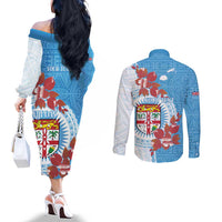 Personalised Fiji Day Couples Matching Off The Shoulder Long Sleeve Dress and Long Sleeve Button Shirt Fijian Tapa Pattern Mix Tagimoucia - Blue Version LT14 - Polynesian Pride