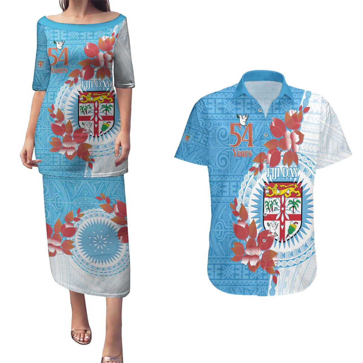 Personalised Fiji Day Couples Matching Puletasi and Hawaiian Shirt Fijian Tapa Pattern Mix Tagimoucia - Blue Version LT14 Blue - Polynesian Pride