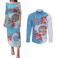 Personalised Fiji Day Couples Matching Puletasi and Long Sleeve Button Shirt Fijian Tapa Pattern Mix Tagimoucia - Blue Version LT14 Blue - Polynesian Pride