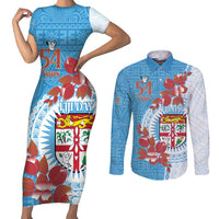 Personalised Fiji Day Couples Matching Short Sleeve Bodycon Dress and Long Sleeve Button Shirt Fijian Tapa Pattern Mix Tagimoucia - Blue Version LT14 Blue - Polynesian Pride