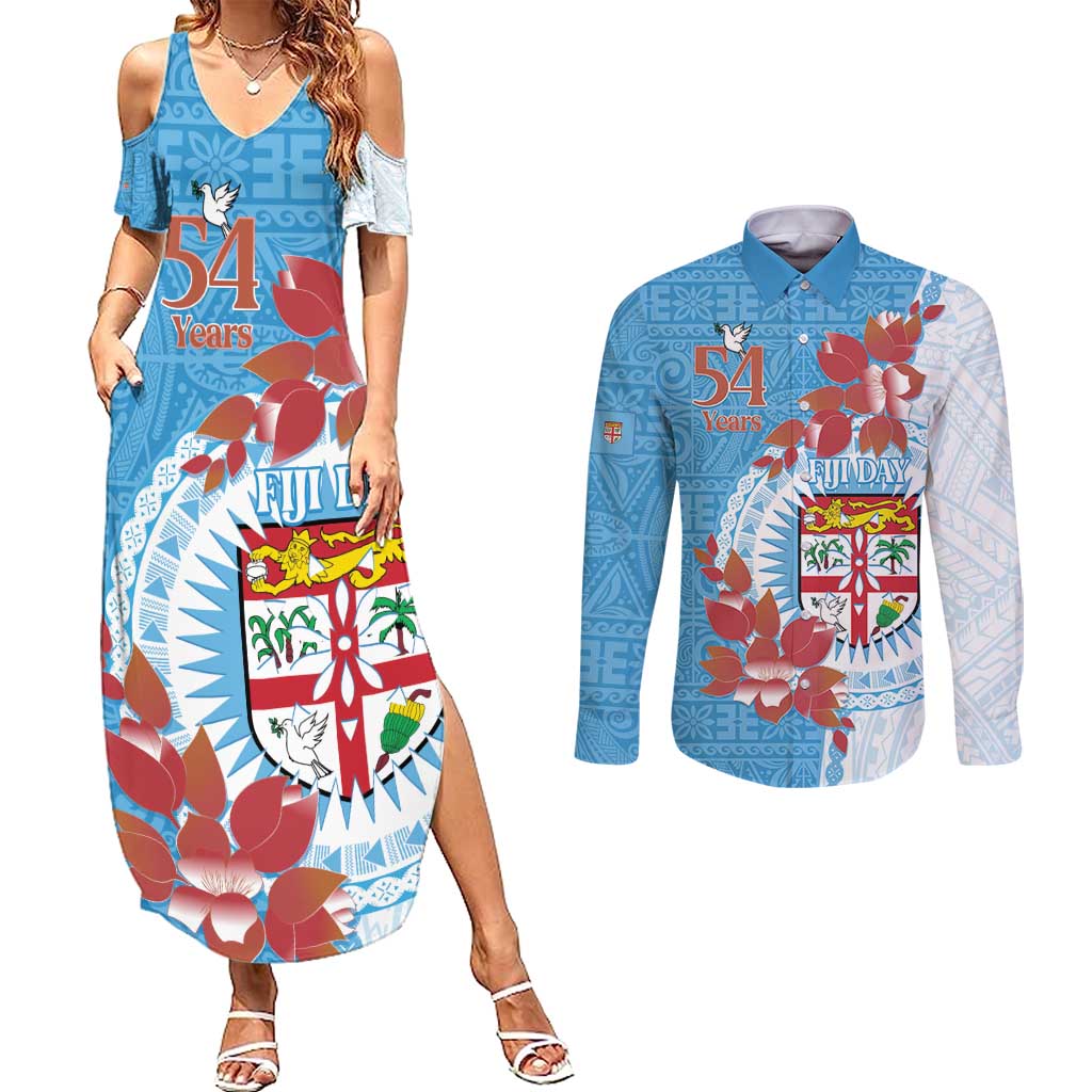 Personalised Fiji Day Couples Matching Summer Maxi Dress and Long Sleeve Button Shirt Fijian Tapa Pattern Mix Tagimoucia - Blue Version LT14 Blue - Polynesian Pride
