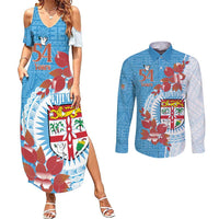 Personalised Fiji Day Couples Matching Summer Maxi Dress and Long Sleeve Button Shirt Fijian Tapa Pattern Mix Tagimoucia - Blue Version LT14 Blue - Polynesian Pride