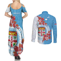 Personalised Fiji Day Couples Matching Summer Maxi Dress and Long Sleeve Button Shirt Fijian Tapa Pattern Mix Tagimoucia - Blue Version LT14 - Polynesian Pride