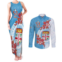 Personalised Fiji Day Couples Matching Tank Maxi Dress and Long Sleeve Button Shirt Fijian Tapa Pattern Mix Tagimoucia - Blue Version LT14 Blue - Polynesian Pride