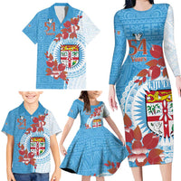 Personalised Fiji Day Family Matching Long Sleeve Bodycon Dress and Hawaiian Shirt Fijian Tapa Pattern Mix Tagimoucia - Blue Version LT14 - Polynesian Pride