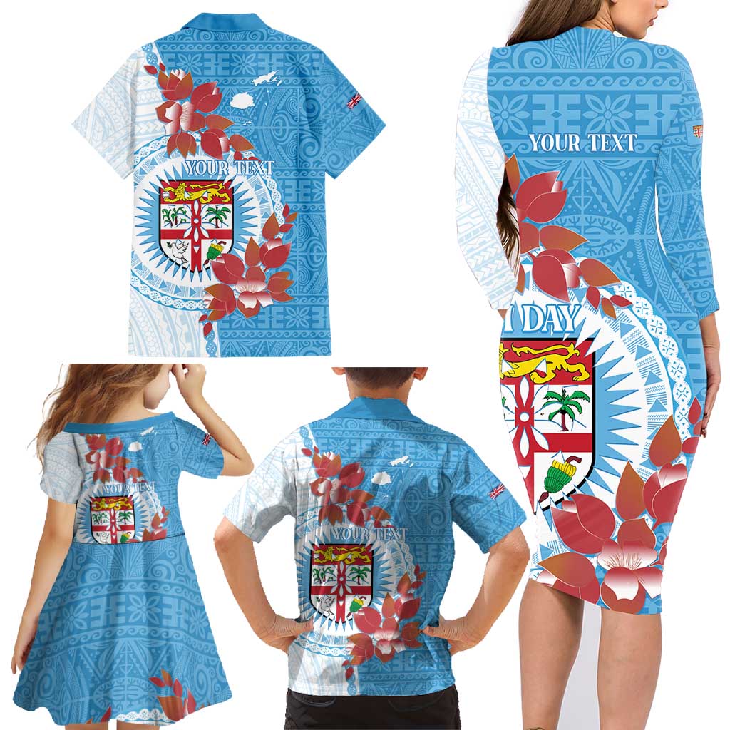 Personalised Fiji Day Family Matching Long Sleeve Bodycon Dress and Hawaiian Shirt Fijian Tapa Pattern Mix Tagimoucia - Blue Version LT14 - Polynesian Pride