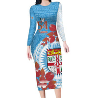 Personalised Fiji Day Family Matching Long Sleeve Bodycon Dress and Hawaiian Shirt Fijian Tapa Pattern Mix Tagimoucia - Blue Version LT14 Mom's Dress Blue - Polynesian Pride