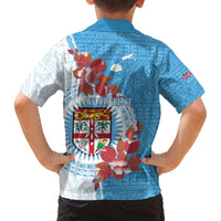 Personalised Fiji Day Family Matching Off The Shoulder Long Sleeve Dress and Hawaiian Shirt Fijian Tapa Pattern Mix Tagimoucia - Blue Version LT14 - Polynesian Pride