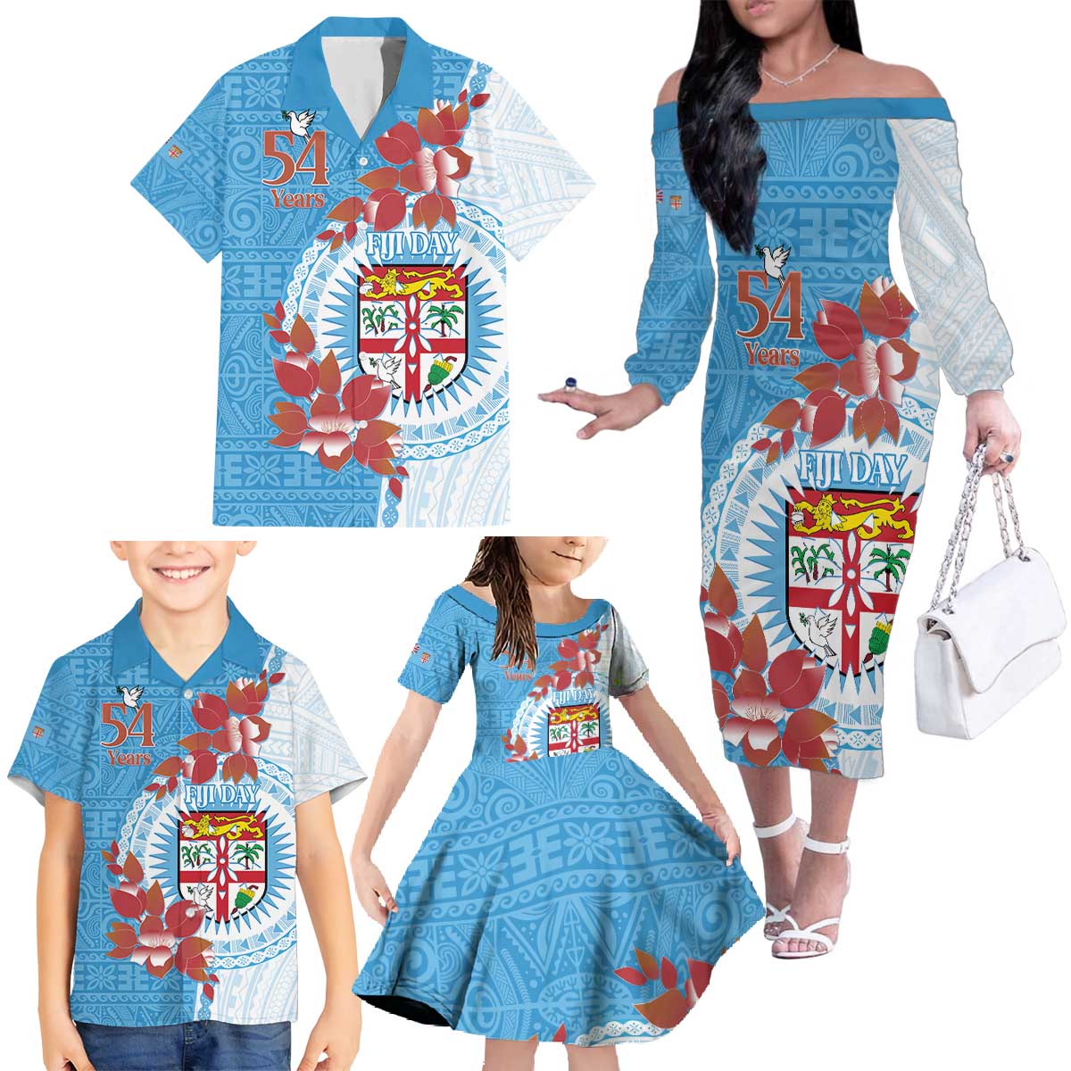 Personalised Fiji Day Family Matching Off The Shoulder Long Sleeve Dress and Hawaiian Shirt Fijian Tapa Pattern Mix Tagimoucia - Blue Version LT14 - Polynesian Pride