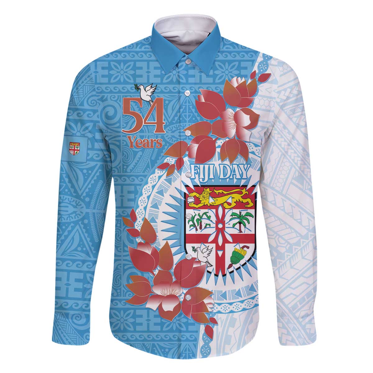 Personalised Fiji Day Family Matching Off The Shoulder Long Sleeve Dress and Hawaiian Shirt Fijian Tapa Pattern Mix Tagimoucia - Blue Version LT14 Dad's Shirt - Long Sleeve Blue - Polynesian Pride