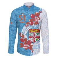 Personalised Fiji Day Family Matching Off The Shoulder Long Sleeve Dress and Hawaiian Shirt Fijian Tapa Pattern Mix Tagimoucia - Blue Version LT14 Dad's Shirt - Long Sleeve Blue - Polynesian Pride
