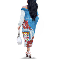 Personalised Fiji Day Family Matching Off The Shoulder Long Sleeve Dress and Hawaiian Shirt Fijian Tapa Pattern Mix Tagimoucia - Blue Version LT14 - Polynesian Pride