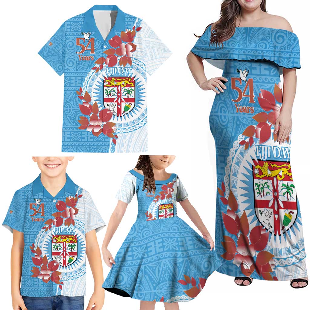 Personalised Fiji Day Family Matching Off Shoulder Maxi Dress and Hawaiian Shirt Fijian Tapa Pattern Mix Tagimoucia - Blue Version LT14 - Polynesian Pride