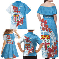 Personalised Fiji Day Family Matching Off Shoulder Maxi Dress and Hawaiian Shirt Fijian Tapa Pattern Mix Tagimoucia - Blue Version LT14 - Polynesian Pride