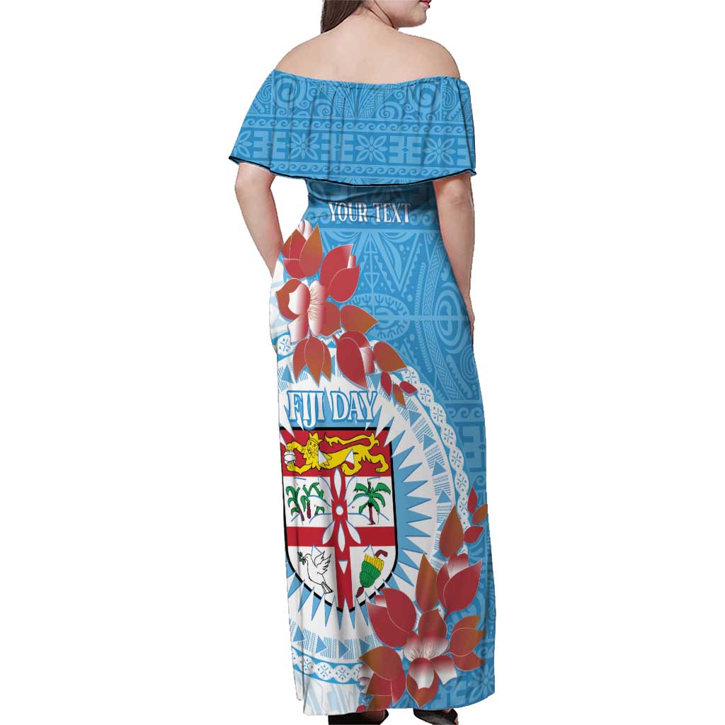 Personalised Fiji Day Family Matching Off Shoulder Maxi Dress and Hawaiian Shirt Fijian Tapa Pattern Mix Tagimoucia - Blue Version LT14 - Polynesian Pride