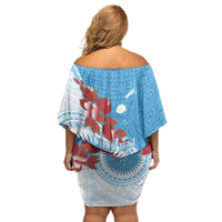 Personalised Fiji Day Family Matching Off Shoulder Short Dress and Hawaiian Shirt Fijian Tapa Pattern Mix Tagimoucia - Blue Version LT14 - Polynesian Pride