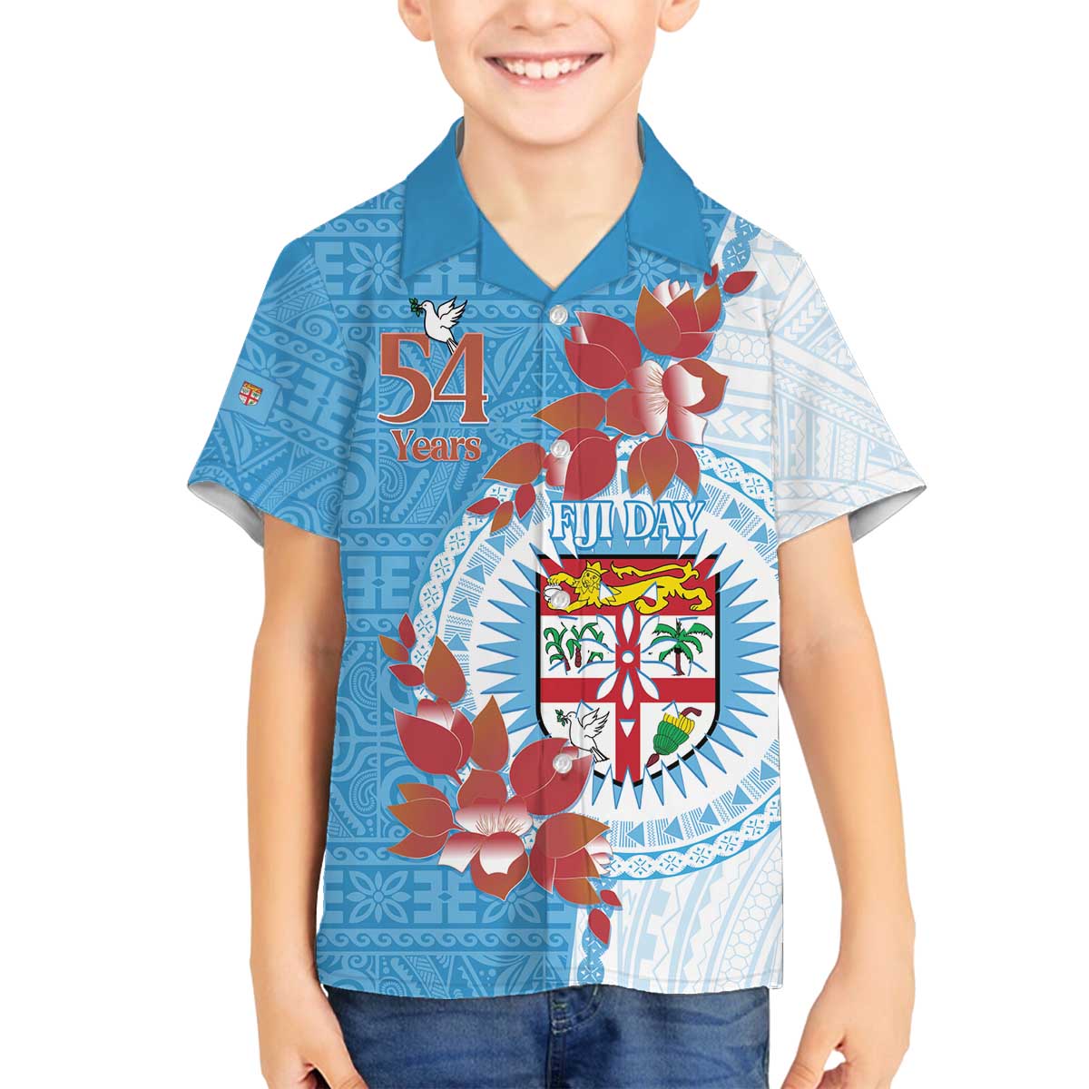 Personalised Fiji Day Family Matching Off Shoulder Short Dress and Hawaiian Shirt Fijian Tapa Pattern Mix Tagimoucia - Blue Version LT14 Son's Shirt Blue - Polynesian Pride
