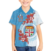 Personalised Fiji Day Family Matching Off Shoulder Short Dress and Hawaiian Shirt Fijian Tapa Pattern Mix Tagimoucia - Blue Version LT14 Son's Shirt Blue - Polynesian Pride