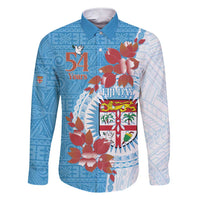 Personalised Fiji Day Family Matching Short Sleeve Bodycon Dress and Hawaiian Shirt Fijian Tapa Pattern Mix Tagimoucia - Blue Version LT14 Dad's Shirt - Long Sleeve Blue - Polynesian Pride