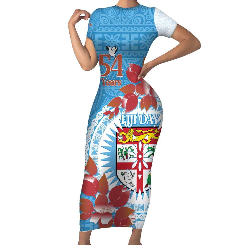 Personalised Fiji Day Family Matching Short Sleeve Bodycon Dress and Hawaiian Shirt Fijian Tapa Pattern Mix Tagimoucia - Blue Version LT14 Mom's Dress Blue - Polynesian Pride