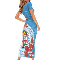 Personalised Fiji Day Family Matching Short Sleeve Bodycon Dress and Hawaiian Shirt Fijian Tapa Pattern Mix Tagimoucia - Blue Version LT14 - Polynesian Pride