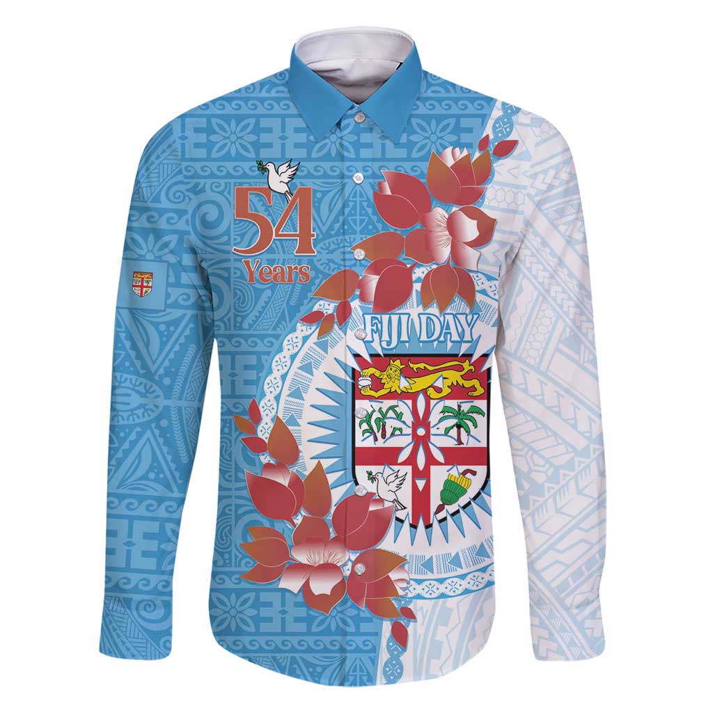 Personalised Fiji Day Family Matching Summer Maxi Dress and Hawaiian Shirt Fijian Tapa Pattern Mix Tagimoucia - Blue Version LT14 Dad's Shirt - Long Sleeve Blue - Polynesian Pride