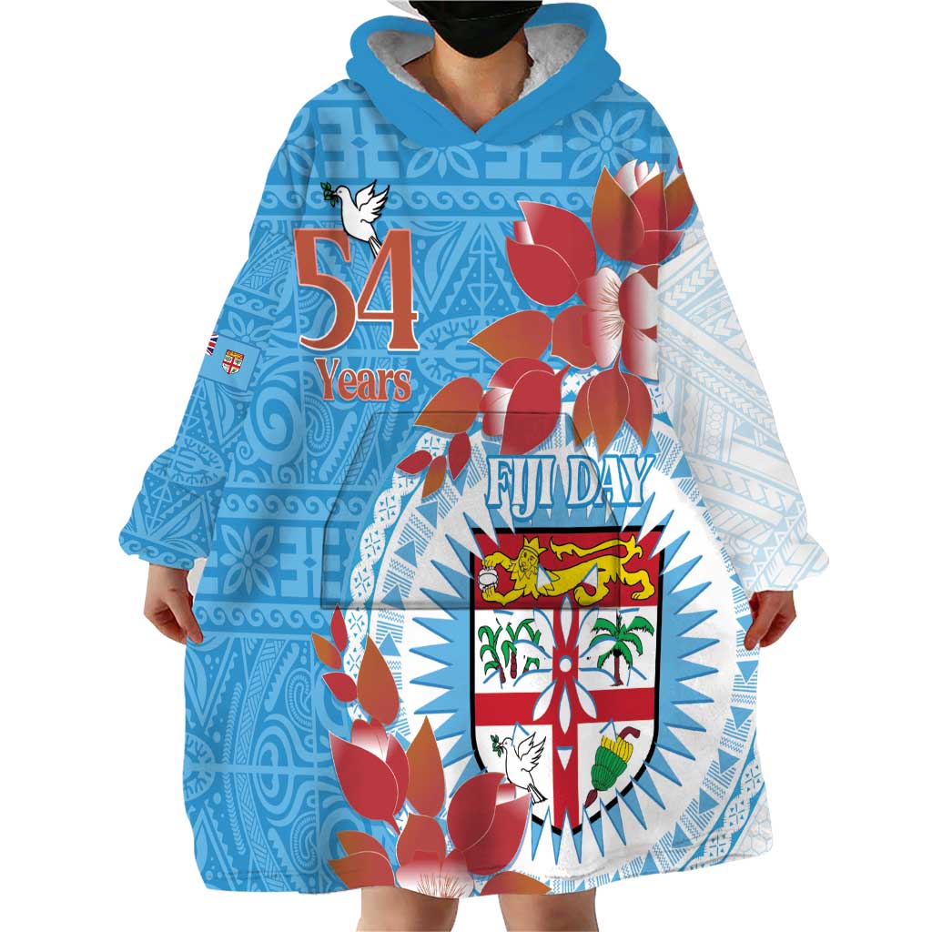 Personalised Fiji Day Wearable Blanket Hoodie Fijian Tapa Pattern Mix Tagimoucia - Blue Version LT14 - Polynesian Pride