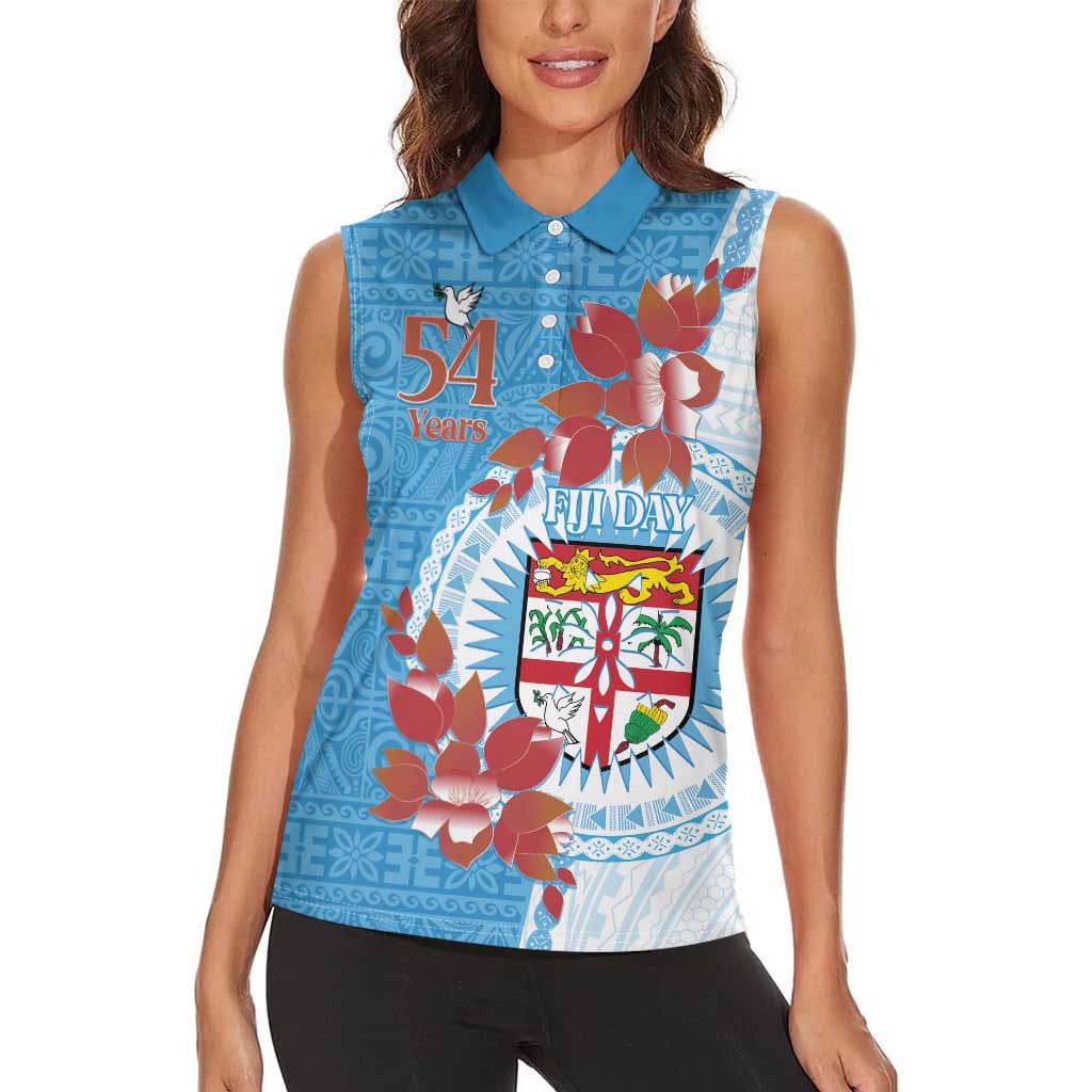 Personalised Fiji Day Women Sleeveless Polo Shirt Fijian Tapa Pattern Mix Tagimoucia - Blue Version LT14 - Polynesian Pride
