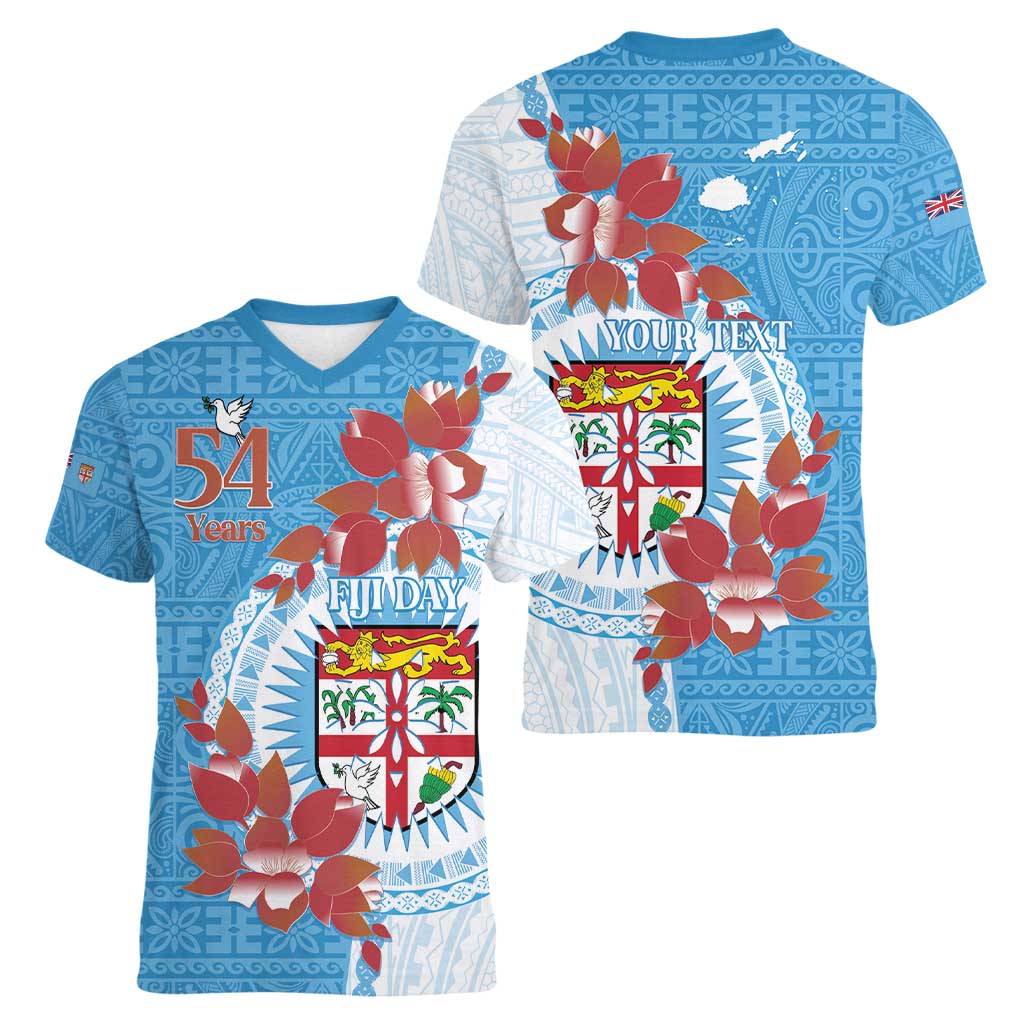 Personalised Fiji Day Women V-Neck T-Shirt Fijian Tapa Pattern Mix Tagimoucia - Blue Version LT14 - Polynesian Pride