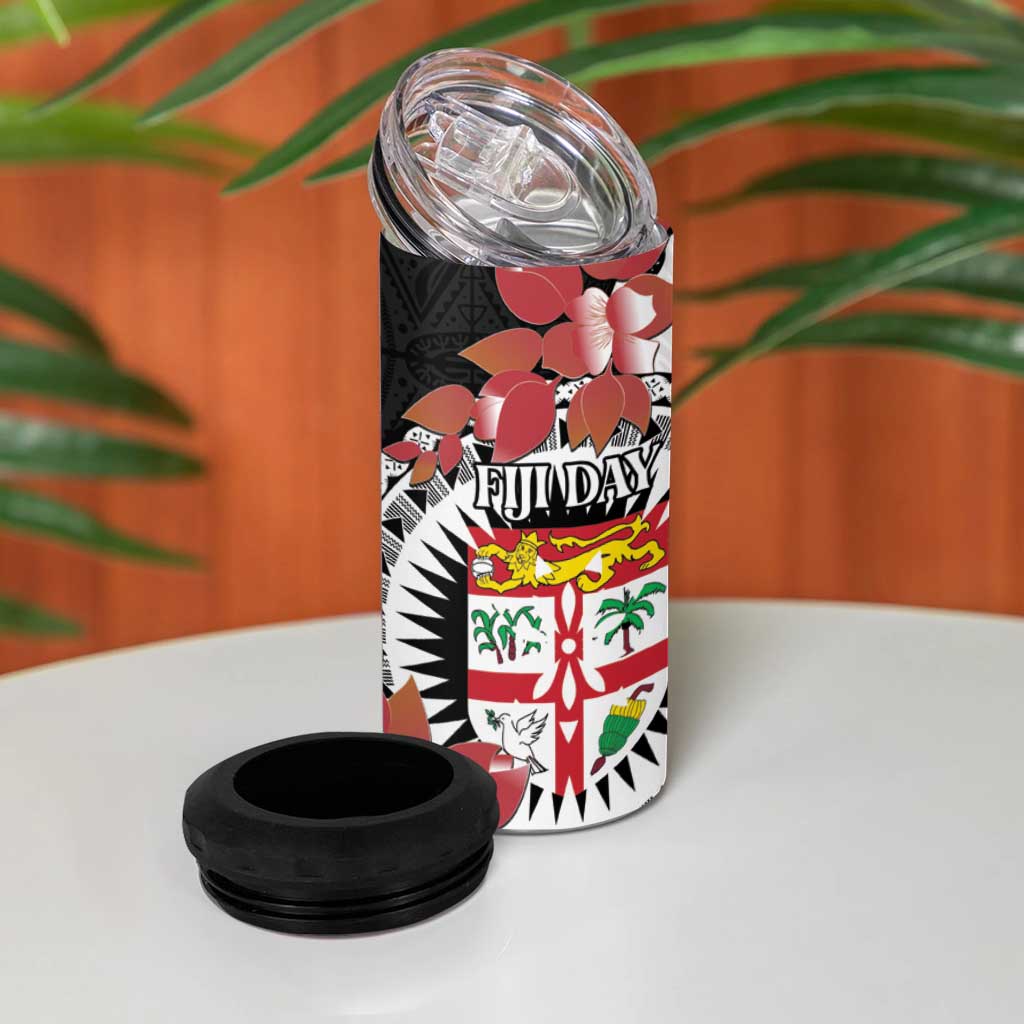 Personalised Fiji Day 4 in 1 Can Cooler Tumbler Fijian Tapa Pattern Mix Tagimoucia - Black Version LT14 - Polynesian Pride