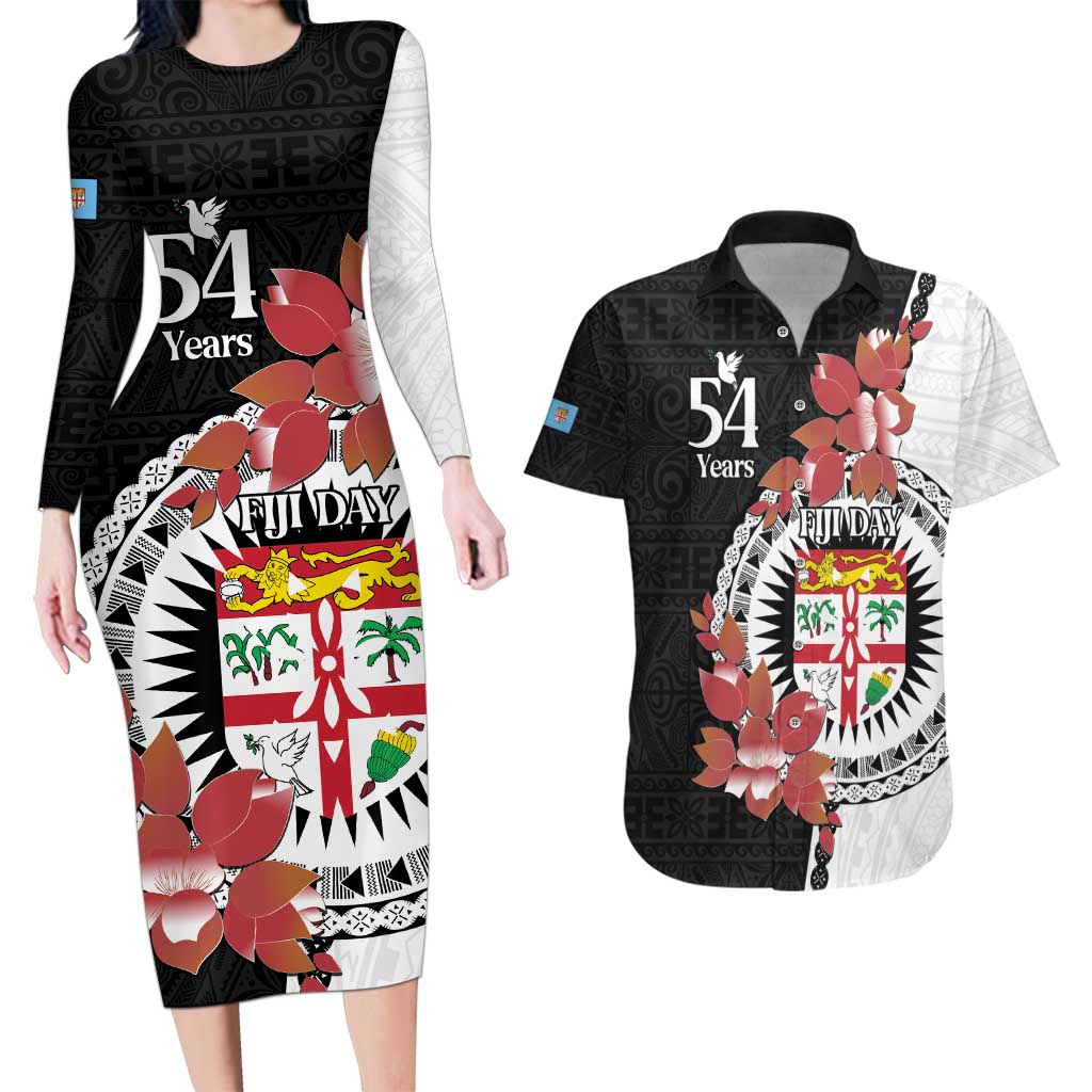 Personalised Fiji Day Couples Matching Long Sleeve Bodycon Dress and Hawaiian Shirt Fijian Tapa Pattern Mix Tagimoucia - Black Version LT14 Black - Polynesian Pride