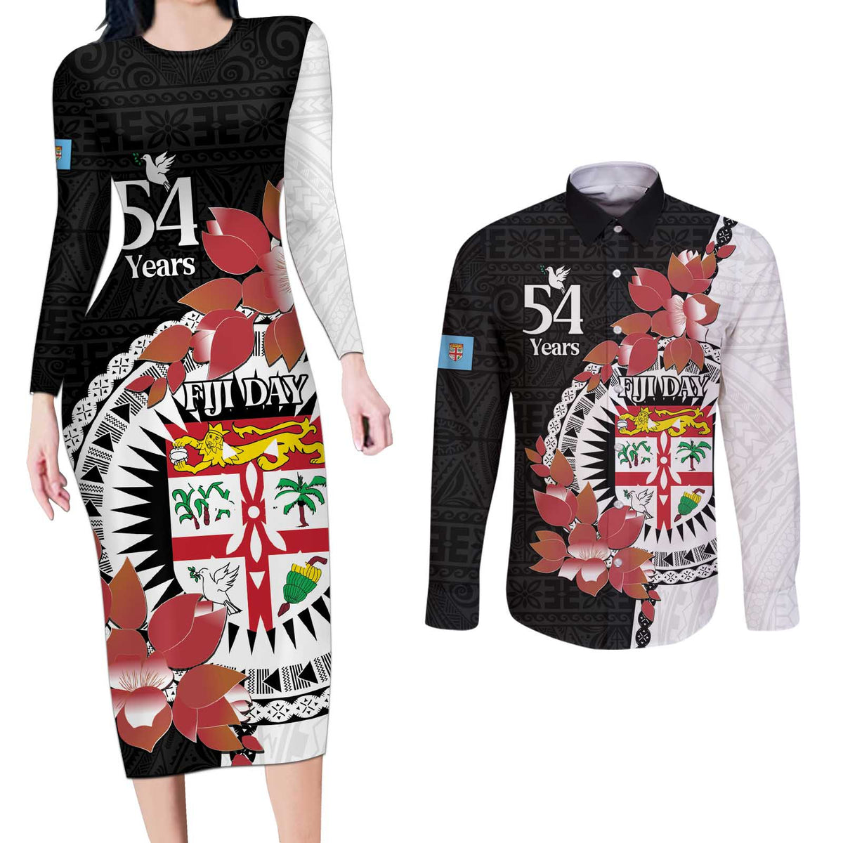 Personalised Fiji Day Couples Matching Long Sleeve Bodycon Dress and Long Sleeve Button Shirt Fijian Tapa Pattern Mix Tagimoucia - Black Version LT14 Black - Polynesian Pride