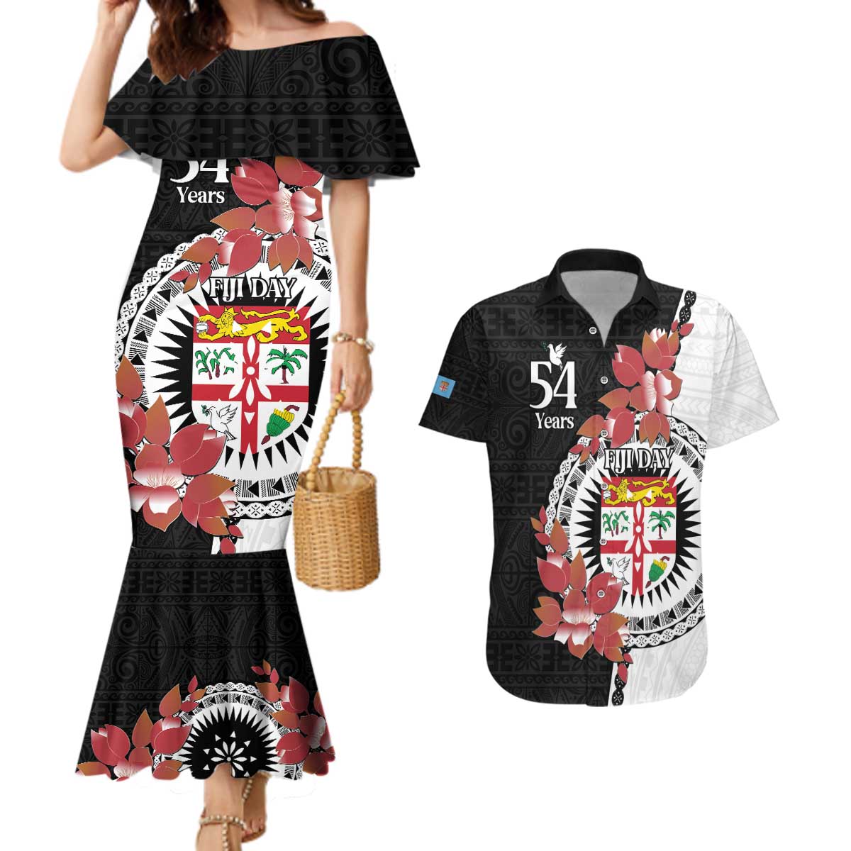 Personalised Fiji Day Couples Matching Mermaid Dress and Hawaiian Shirt Fijian Tapa Pattern Mix Tagimoucia - Black Version LT14 Black - Polynesian Pride