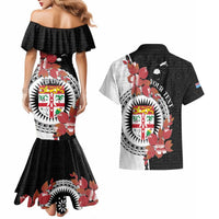 Personalised Fiji Day Couples Matching Mermaid Dress and Hawaiian Shirt Fijian Tapa Pattern Mix Tagimoucia - Black Version LT14 - Polynesian Pride