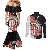 Personalised Fiji Day Couples Matching Mermaid Dress and Long Sleeve Button Shirt Fijian Tapa Pattern Mix Tagimoucia - Black Version LT14 - Polynesian Pride