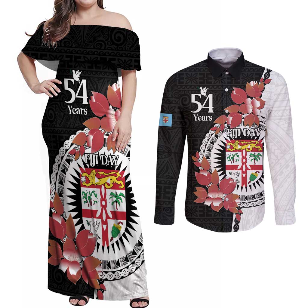 Personalised Fiji Day Couples Matching Off Shoulder Maxi Dress and Long Sleeve Button Shirt Fijian Tapa Pattern Mix Tagimoucia - Black Version LT14 Black - Polynesian Pride