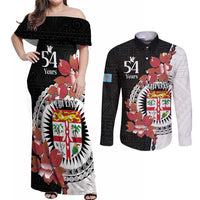 Personalised Fiji Day Couples Matching Off Shoulder Maxi Dress and Long Sleeve Button Shirt Fijian Tapa Pattern Mix Tagimoucia - Black Version LT14 Black - Polynesian Pride