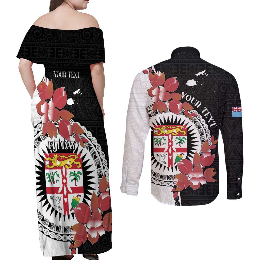 Personalised Fiji Day Couples Matching Off Shoulder Maxi Dress and Long Sleeve Button Shirt Fijian Tapa Pattern Mix Tagimoucia - Black Version LT14 - Polynesian Pride