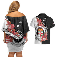 Personalised Fiji Day Couples Matching Off Shoulder Short Dress and Hawaiian Shirt Fijian Tapa Pattern Mix Tagimoucia - Black Version LT14 - Polynesian Pride