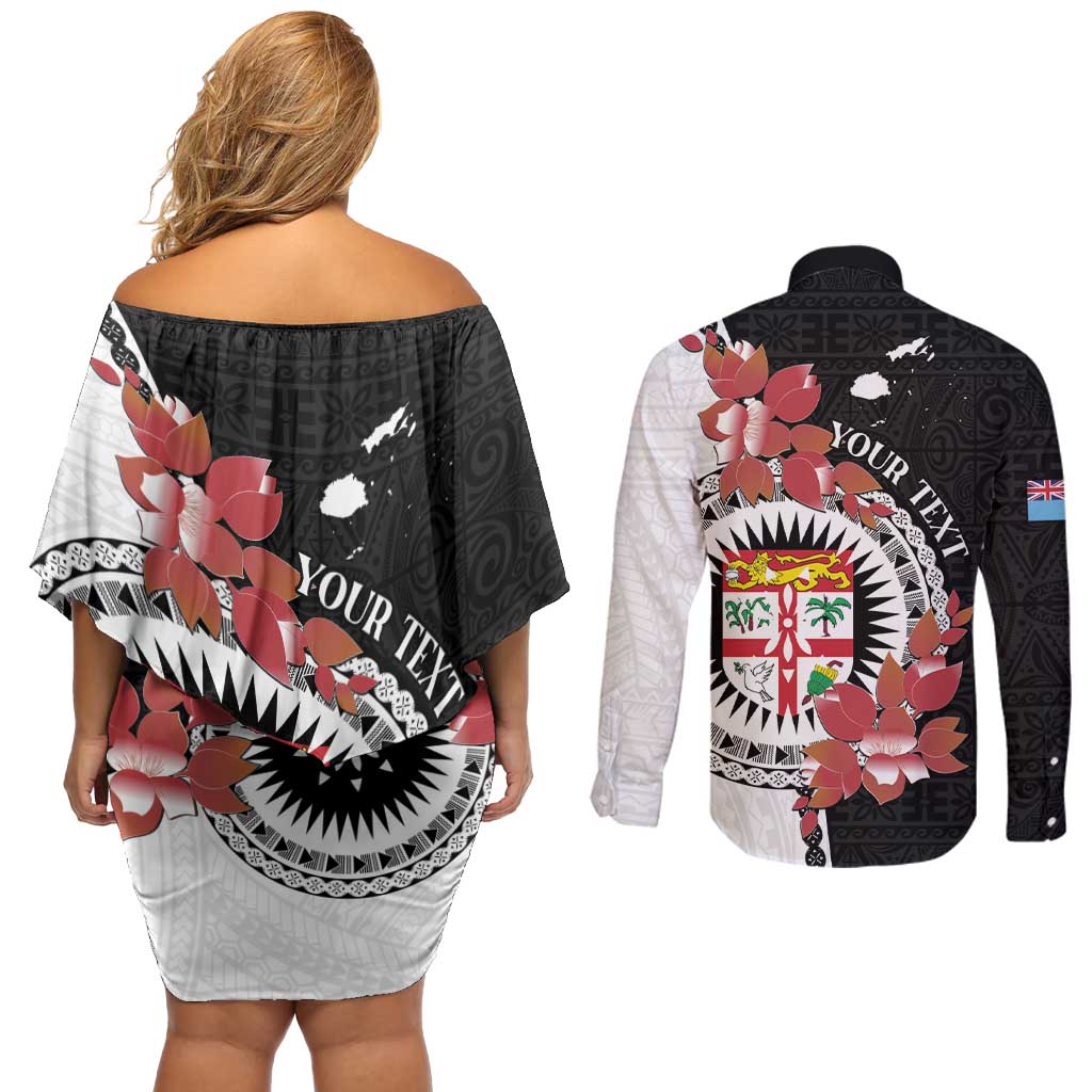Personalised Fiji Day Couples Matching Off Shoulder Short Dress and Long Sleeve Button Shirt Fijian Tapa Pattern Mix Tagimoucia - Black Version LT14 - Polynesian Pride
