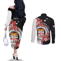 Personalised Fiji Day Couples Matching Off The Shoulder Long Sleeve Dress and Long Sleeve Button Shirt Fijian Tapa Pattern Mix Tagimoucia - Black Version LT14 - Polynesian Pride