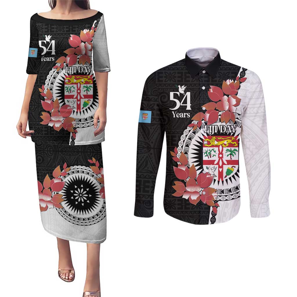 Personalised Fiji Day Couples Matching Puletasi and Long Sleeve Button Shirt Fijian Tapa Pattern Mix Tagimoucia - Black Version LT14 Black - Polynesian Pride