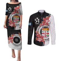 Personalised Fiji Day Couples Matching Puletasi and Long Sleeve Button Shirt Fijian Tapa Pattern Mix Tagimoucia - Black Version LT14 Black - Polynesian Pride