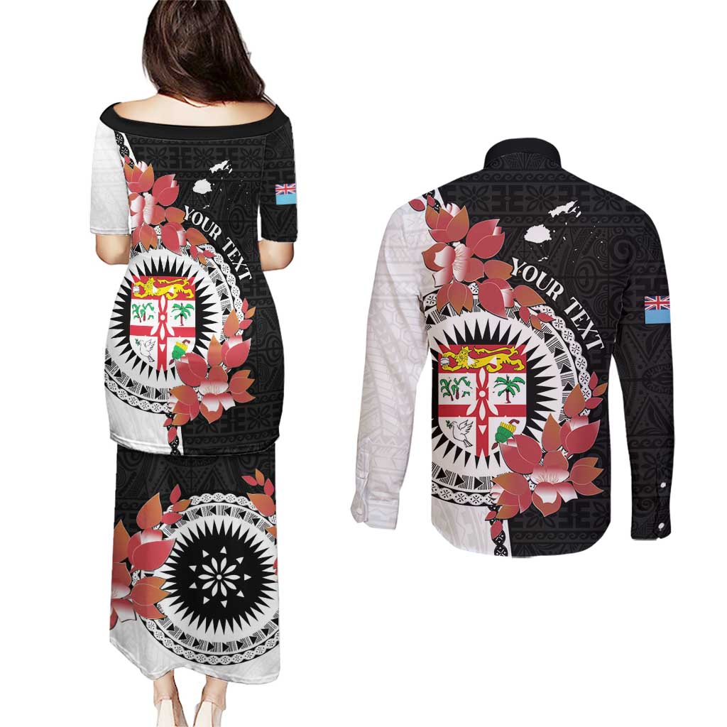 Personalised Fiji Day Couples Matching Puletasi and Long Sleeve Button Shirt Fijian Tapa Pattern Mix Tagimoucia - Black Version LT14 - Polynesian Pride