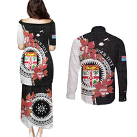 Personalised Fiji Day Couples Matching Puletasi and Long Sleeve Button Shirt Fijian Tapa Pattern Mix Tagimoucia - Black Version LT14 - Polynesian Pride