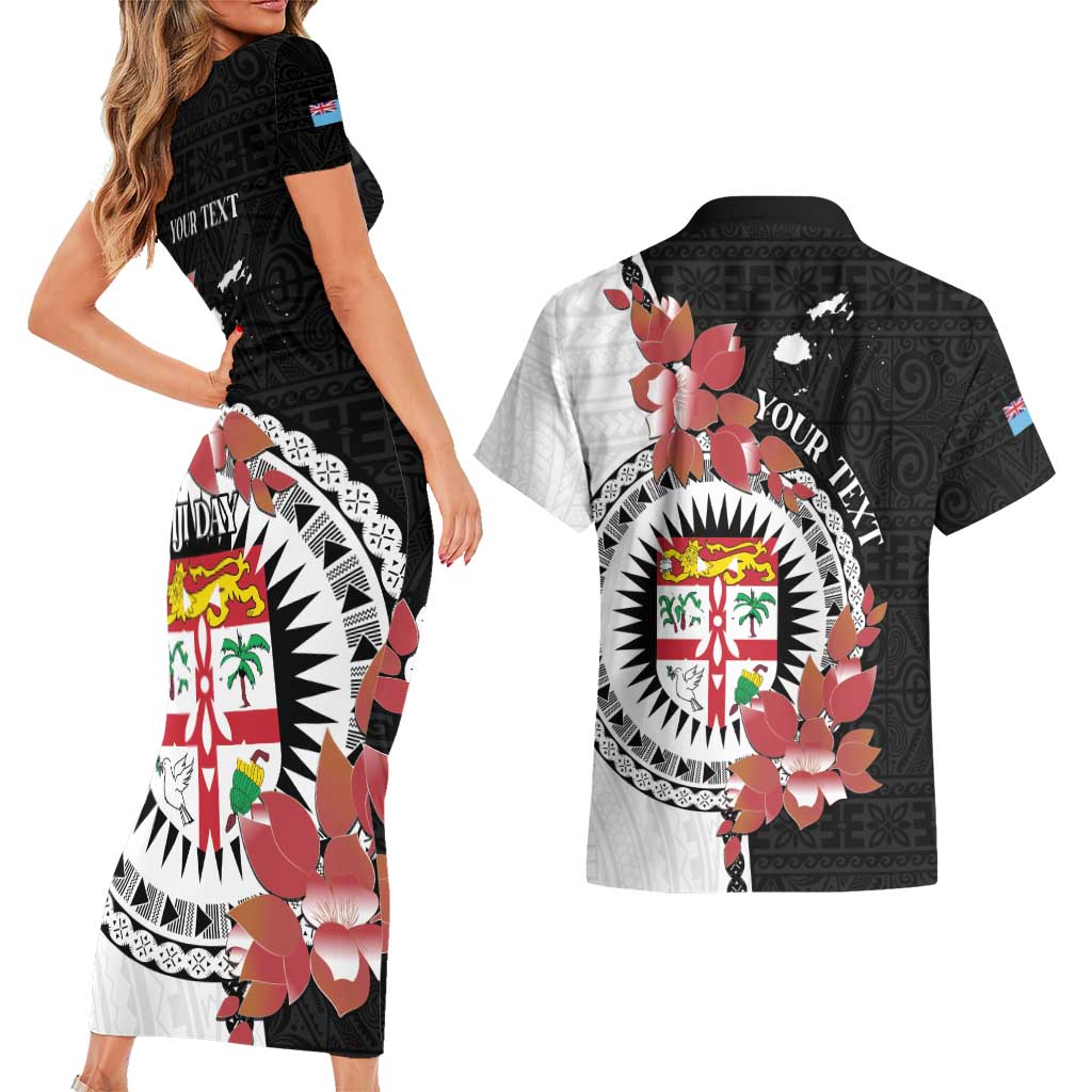 Personalised Fiji Day Couples Matching Short Sleeve Bodycon Dress and Hawaiian Shirt Fijian Tapa Pattern Mix Tagimoucia - Black Version LT14 - Polynesian Pride